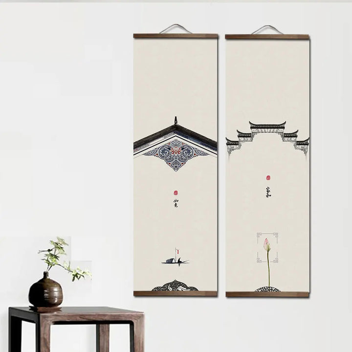 Chinese Ancient Architectural Style Canvas Scroll Painting Posters Prints Wall Art Pictures for Livingroom Home Decor With Frame