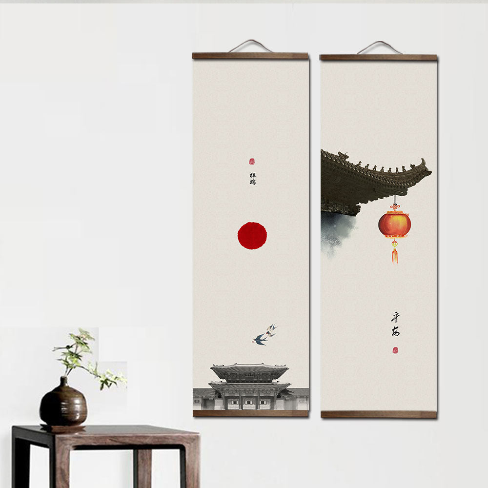 Chinese Ancient Architectural Style Canvas Scroll Painting Posters Prints Wall Art Pictures for Livingroom Home Decor With Frame