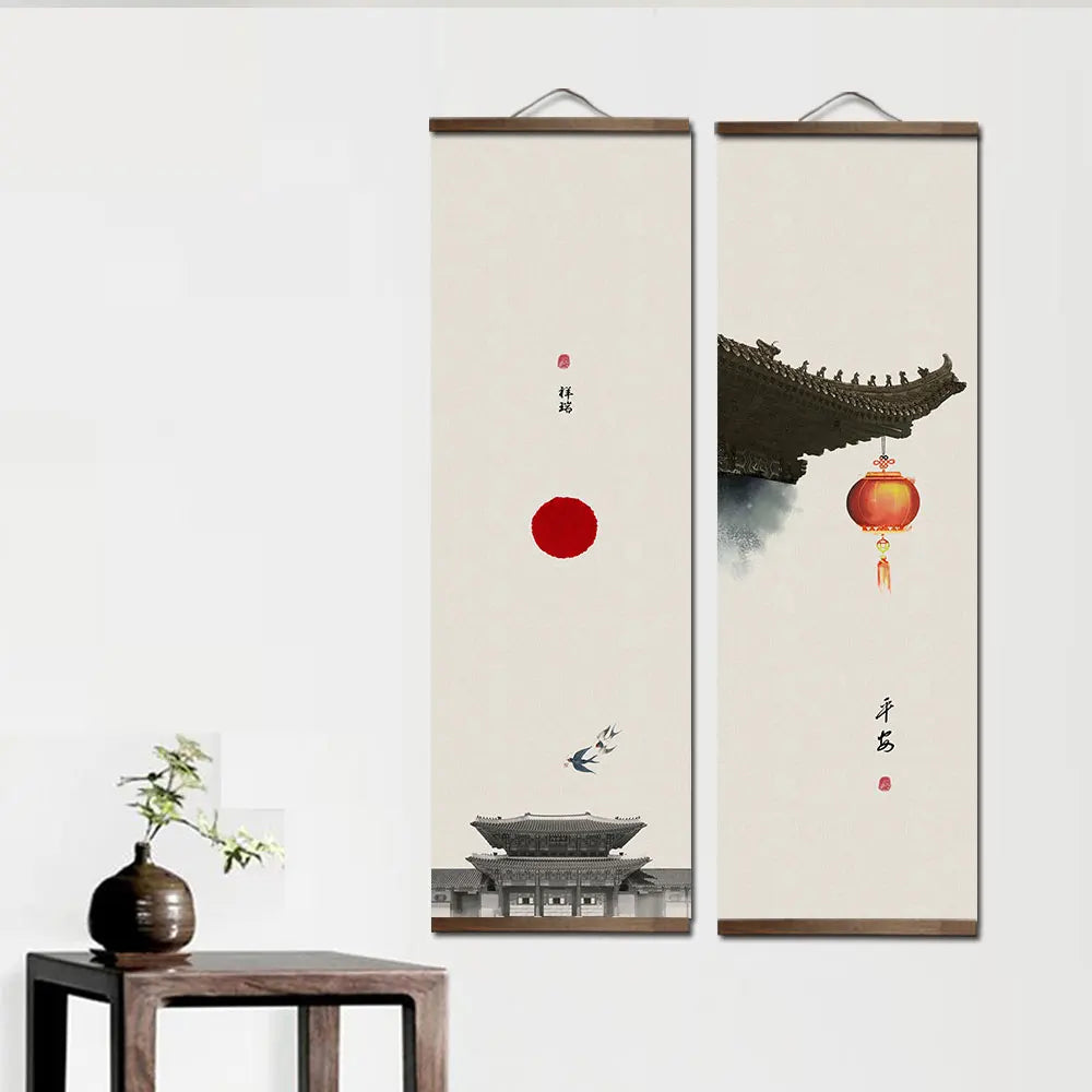 Chinese Ancient Architectural Style Canvas Scroll Painting Posters Prints Wall Art Pictures for Livingroom Home Decor With Frame