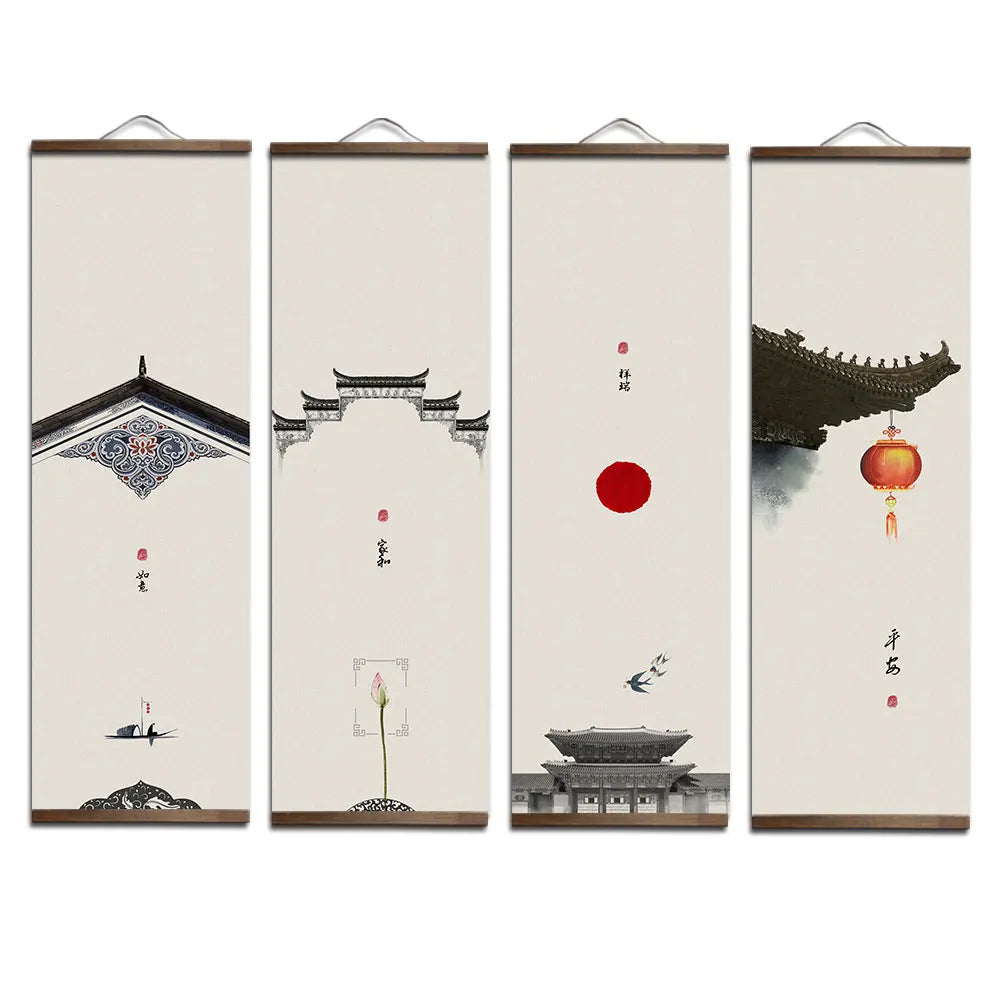 Chinese Ancient Architectural Style Canvas Scroll Painting Posters Prints Wall Art Pictures for Livingroom Home Decor With Frame