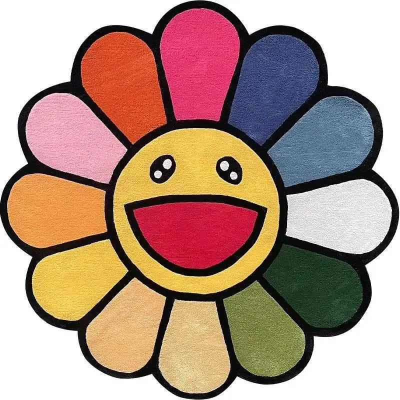 Smiling Face Plush Rug Flower Art Rug for Bedroom Living Room Retro Rainbow Fluffy Bathroom Smile Rug Nonslip Mat Home Decor