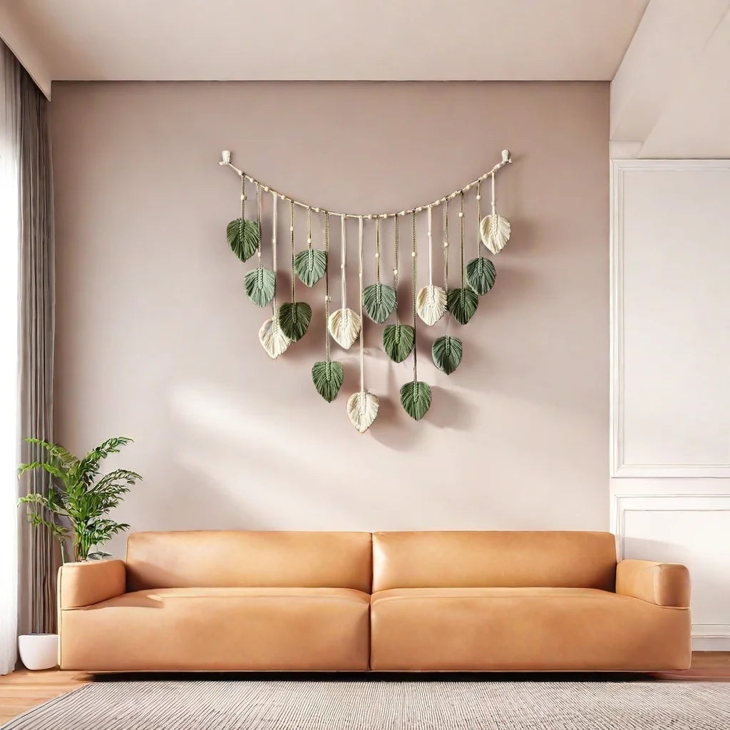 Boho Home Decoration, Macrame Tapestry Macrame Leaf Feather Wall Hanging Decor for Living Room Bedroom, Boho Wall Art Home Decor