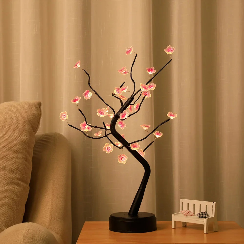 Home Decoration USB/Battery Powered Touch Switch Warm White Artificial Bonsai Cherry Blossom Desktop Tree LED Lamp Light