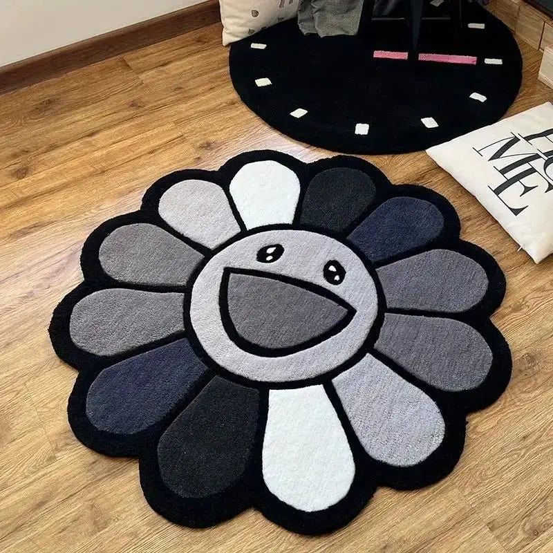 Smiling Face Plush Rug Flower Art Rug for Bedroom Living Room Retro Rainbow Fluffy Bathroom Smile Rug Nonslip Mat Home Decor