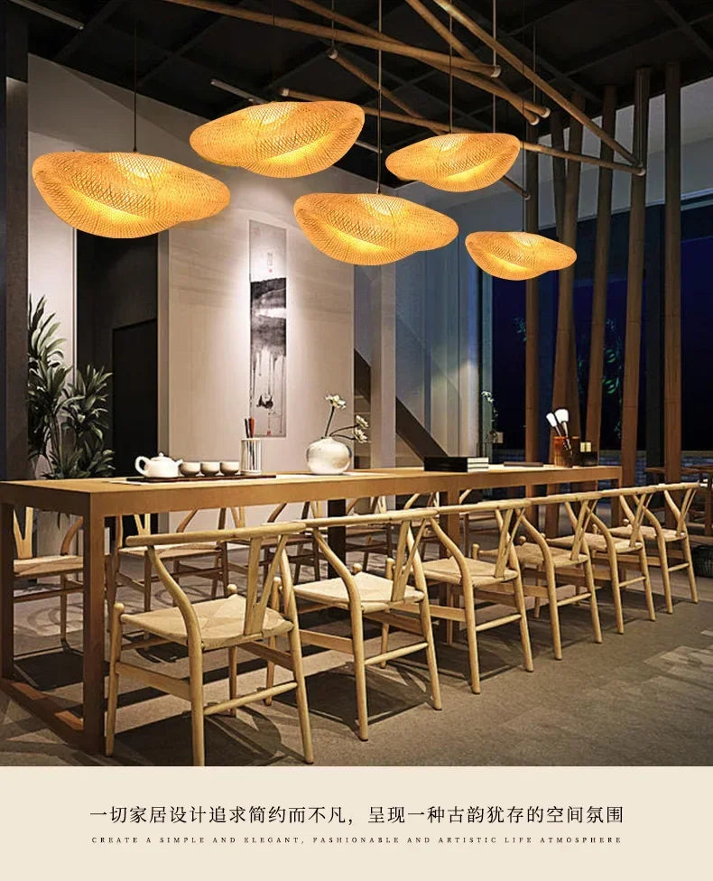 Bamboo Hand Weaving Pendant Lights 38cm Hanging LED Ceiling Lamp Chandelier Fixture Rattan Hand Craft Woven Home Bedroom Decor