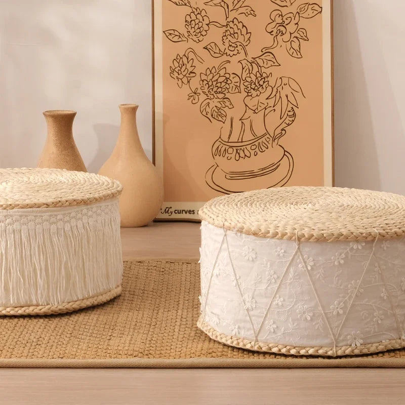 Round Step Stool for Living Room Hand Grass Woven Tassel Children's Seat Multi-Scene Furniture for Home Aesthetic and Functional