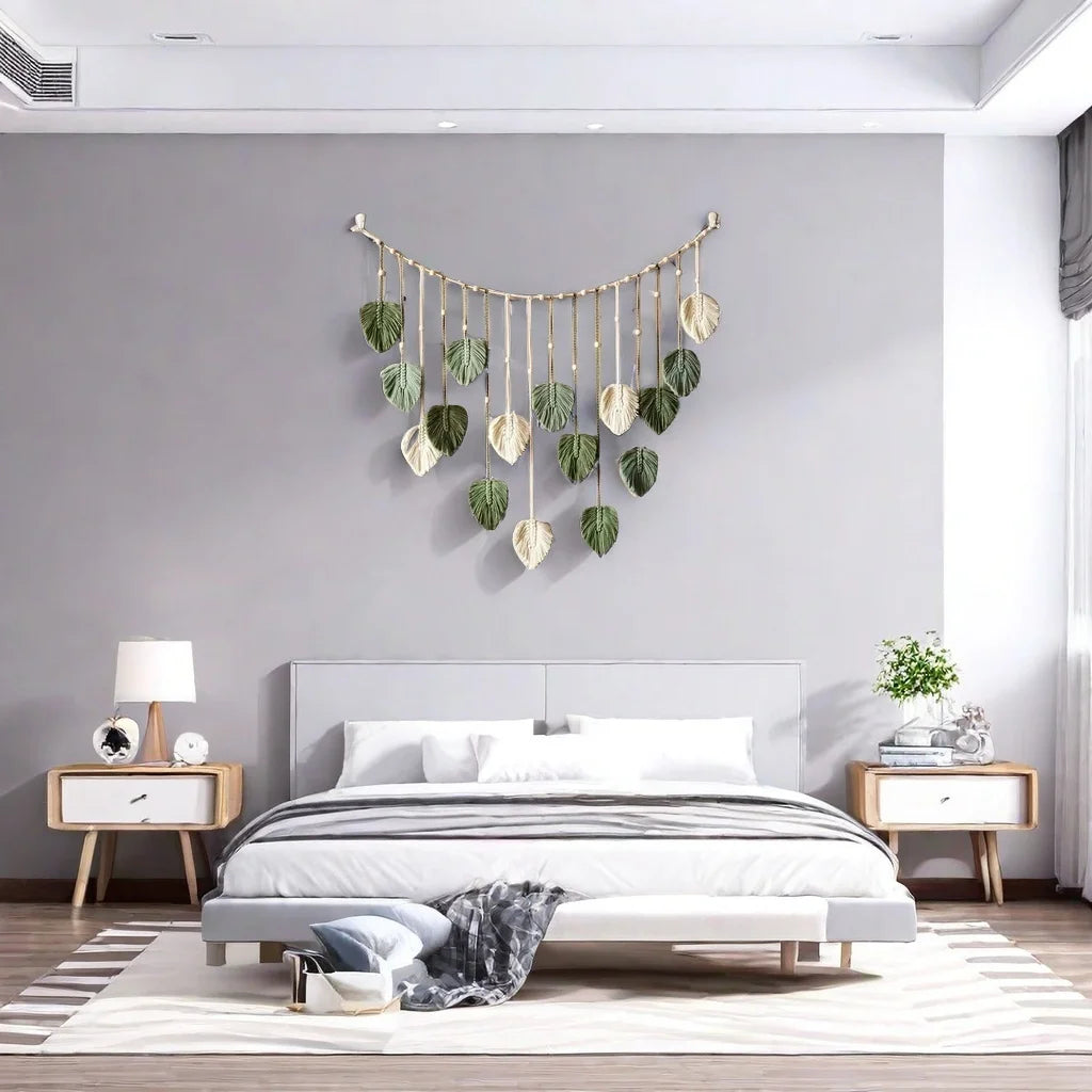 Boho Home Decoration, Macrame Tapestry Macrame Leaf Feather Wall Hanging Decor for Living Room Bedroom, Boho Wall Art Home Decor