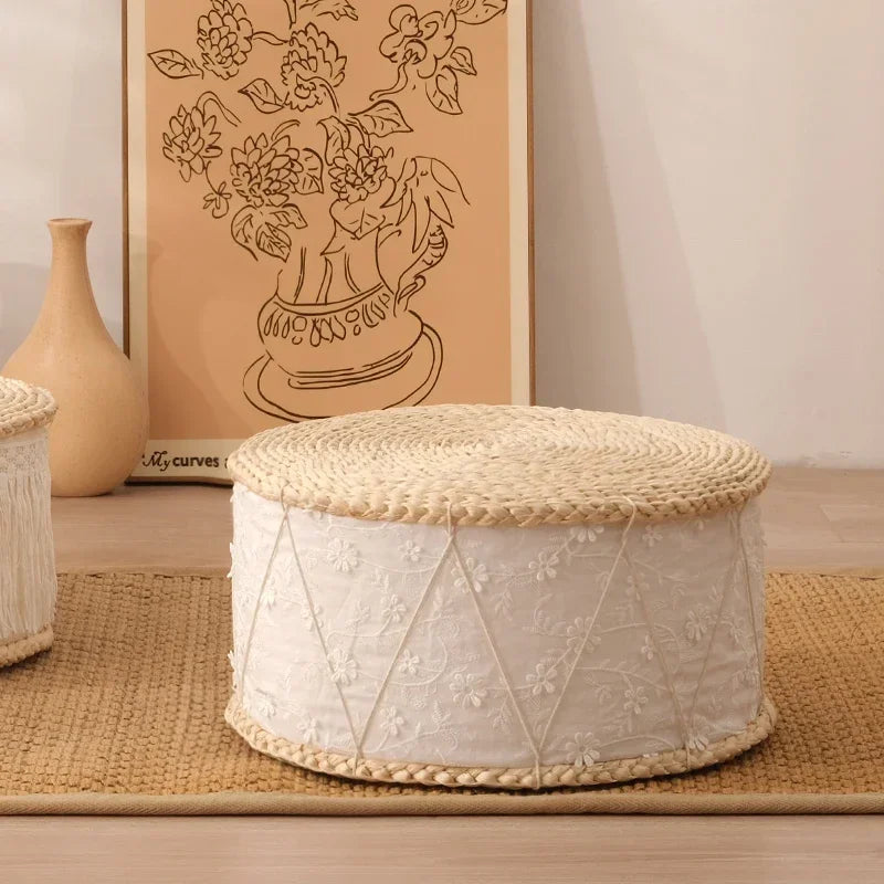 Round Step Stool for Living Room Hand Grass Woven Tassel Children's Seat Multi-Scene Furniture for Home Aesthetic and Functional