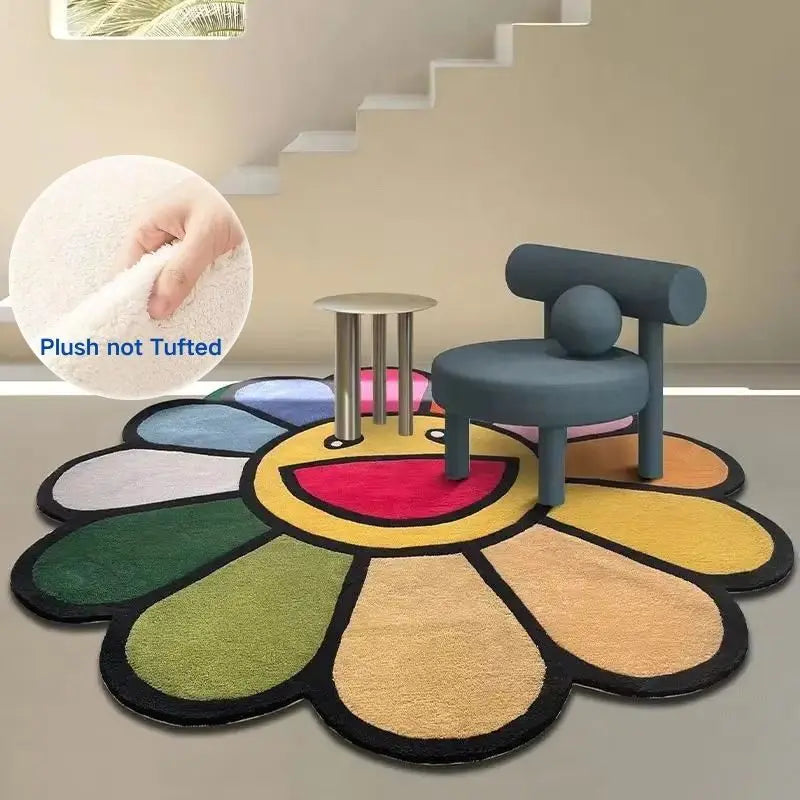 Smiling Face Plush Rug Flower Art Rug for Bedroom Living Room Retro Rainbow Fluffy Bathroom Smile Rug Nonslip Mat Home Decor