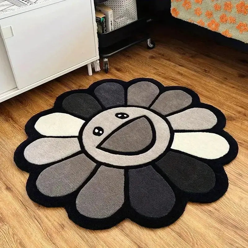 Smiling Face Plush Rug Flower Art Rug for Bedroom Living Room Retro Rainbow Fluffy Bathroom Smile Rug Nonslip Mat Home Decor