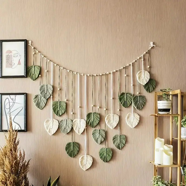 Boho Home Decoration, Macrame Tapestry Macrame Leaf Feather Wall Hanging Decor for Living Room Bedroom, Boho Wall Art Home Decor