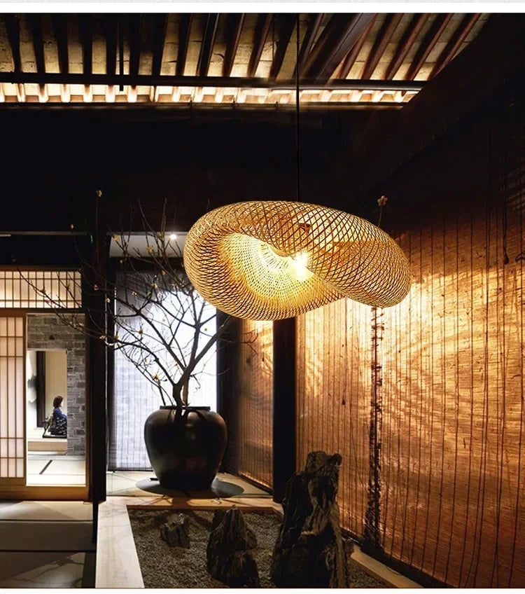 Bamboo Hand Weaving Pendant Lights 38cm Hanging LED Ceiling Lamp Chandelier Fixture Rattan Hand Craft Woven Home Bedroom Decor