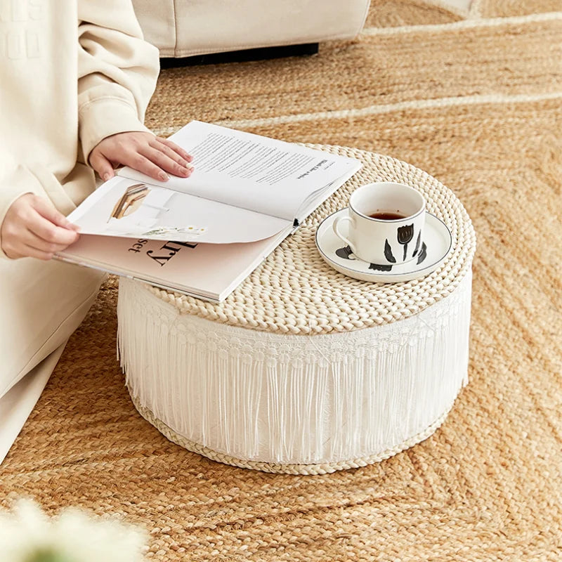 Round Step Stool for Living Room Hand Grass Woven Tassel Children's Seat Multi-Scene Furniture for Home Aesthetic and Functional