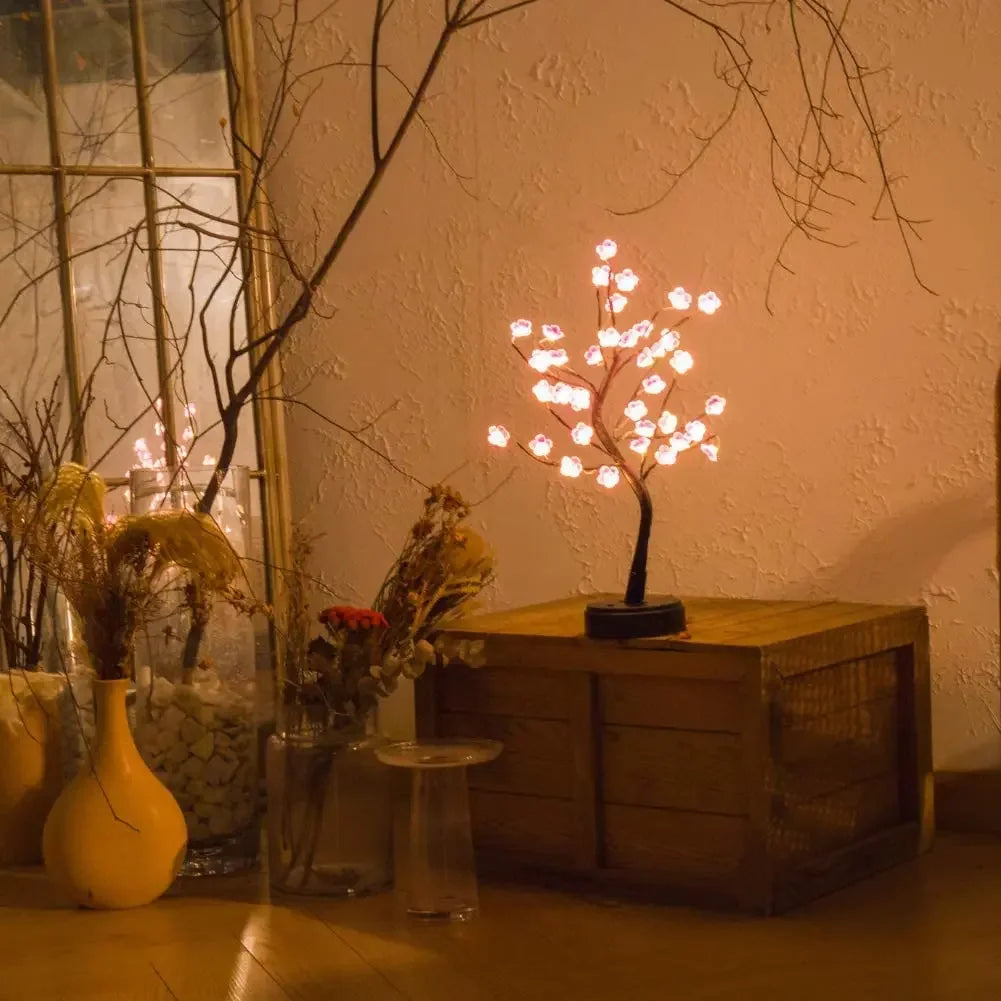 Home Decoration USB/Battery Powered Touch Switch Warm White Artificial Bonsai Cherry Blossom Desktop Tree LED Lamp Light