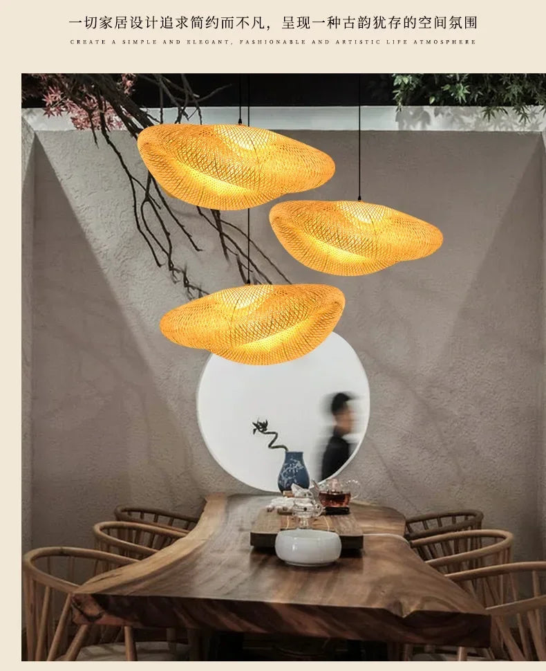 Bamboo Hand Weaving Pendant Lights 38cm Hanging LED Ceiling Lamp Chandelier Fixture Rattan Hand Craft Woven Home Bedroom Decor