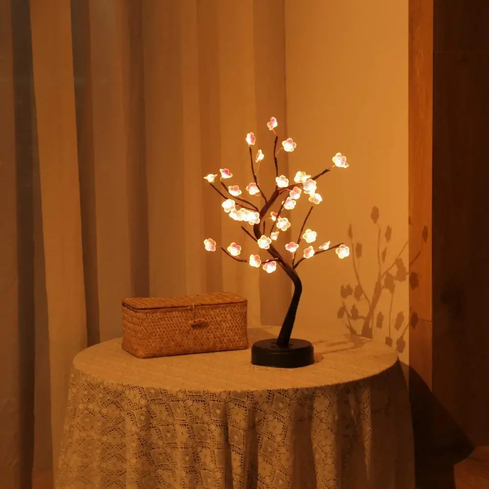 Home Decoration USB/Battery Powered Touch Switch Warm White Artificial Bonsai Cherry Blossom Desktop Tree LED Lamp Light