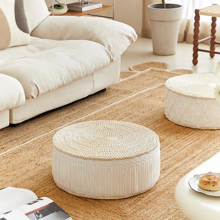 Round Step Stool for Living Room Hand Grass Woven Tassel Children's Seat Multi-Scene Furniture for Home Aesthetic and Functional