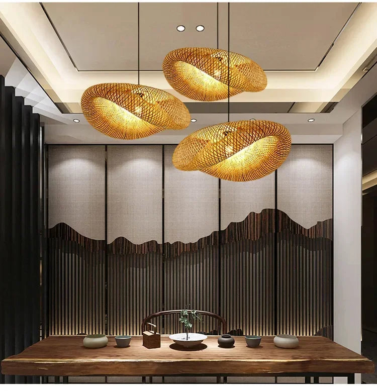 Bamboo Hand Weaving Pendant Lights 38cm Hanging LED Ceiling Lamp Chandelier Fixture Rattan Hand Craft Woven Home Bedroom Decor