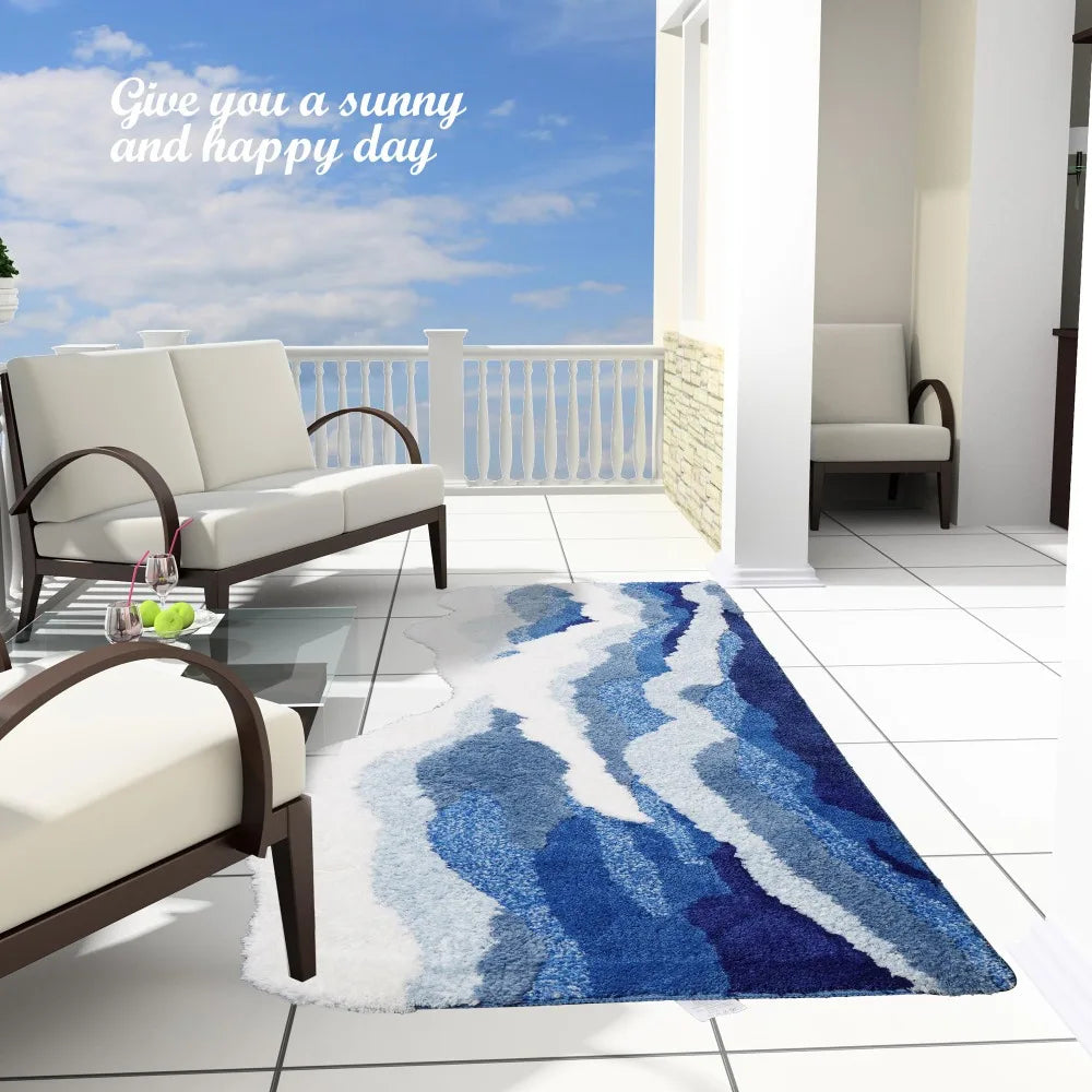 Blue Wave Rug Aesthetic Tufting Antislip Carpet Mini Bathroom Mat Ocean Sea Tufted Carpet House Decoration Kid Room Bedside Rug