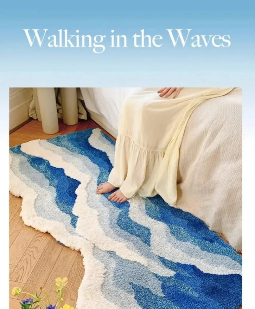 Blue Wave Rug Aesthetic Tufting Antislip Carpet Mini Bathroom Mat Ocean Sea Tufted Carpet House Decoration Kid Room Bedside Rug