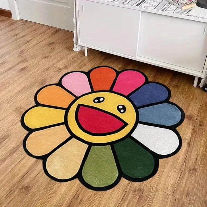 Smiling Face Plush Rug Flower Art Rug for Bedroom Living Room Retro Rainbow Fluffy Bathroom Smile Rug Nonslip Mat Home Decor